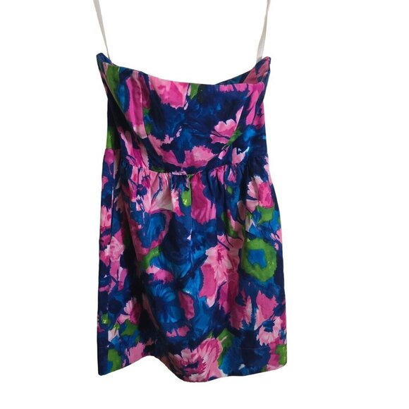 Shoshanna Strapless Mini Dress In Floral Watercolor Silk Blend Pink Blue Size 8 - Picture 2 of 7